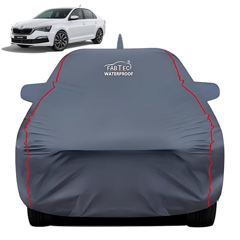 FABTEC Waterproof Premium Car Cover for Skoda Rapid with Mirror and Antenna Pocket Super Waterproof Car Body Cover Heavy Duty Durable PEVA Grey with Red Piping - Image 1