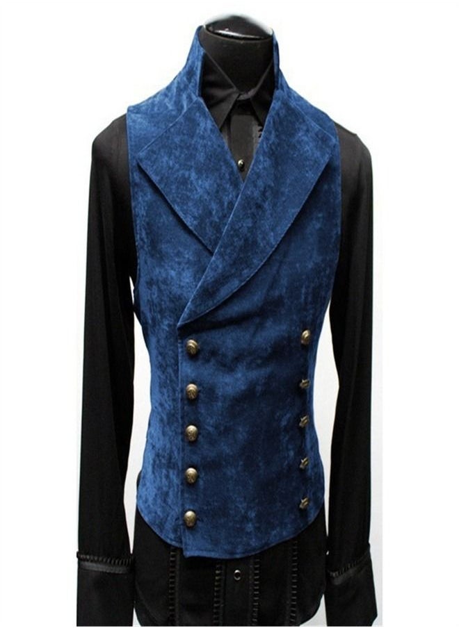 Loquat Men's Stand Collar Double Breasted Vest Blue 