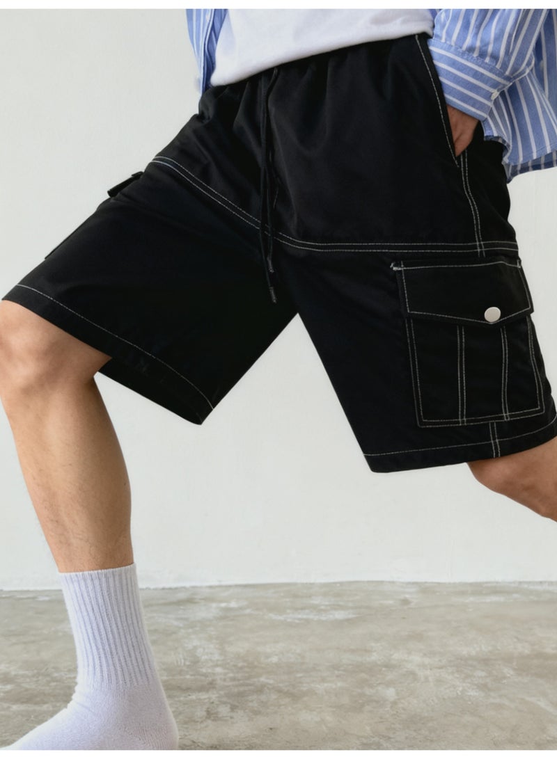Men's Black Cargo Shorts Casual Utility Shorts with White Contrast Stitching Elastic Waist Multi-Pocket Design - Image 3