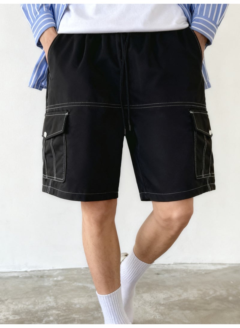 Men's Black Cargo Shorts Casual Utility Shorts with White Contrast Stitching Elastic Waist Multi-Pocket Design - Image 2