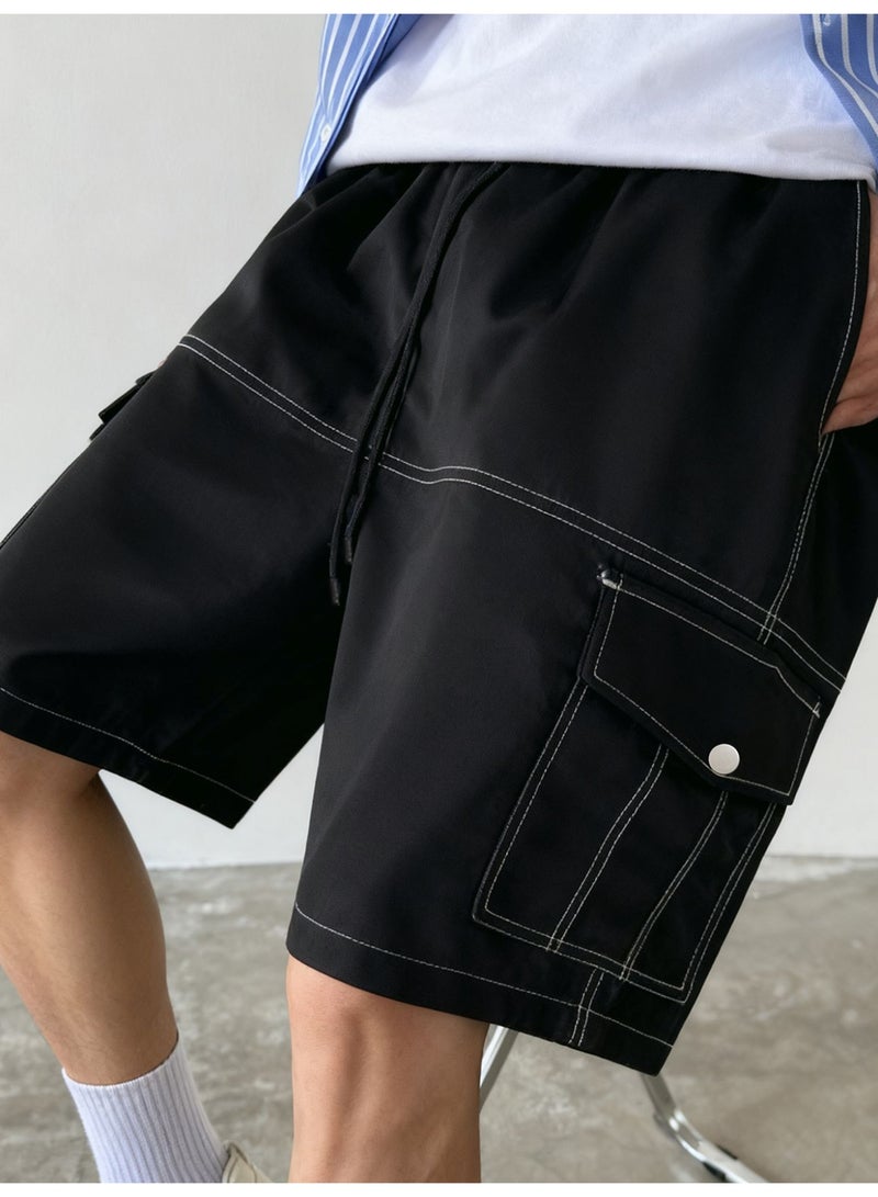 Men's Black Cargo Shorts Casual Utility Shorts with White Contrast Stitching Elastic Waist Multi-Pocket Design - Image 1