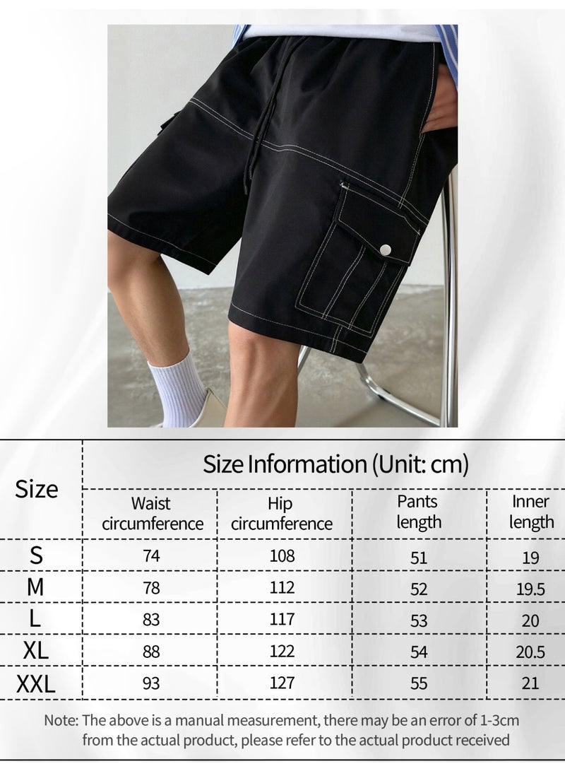 Men's Black Cargo Shorts Casual Utility Shorts with White Contrast Stitching Elastic Waist Multi-Pocket Design - Image 4