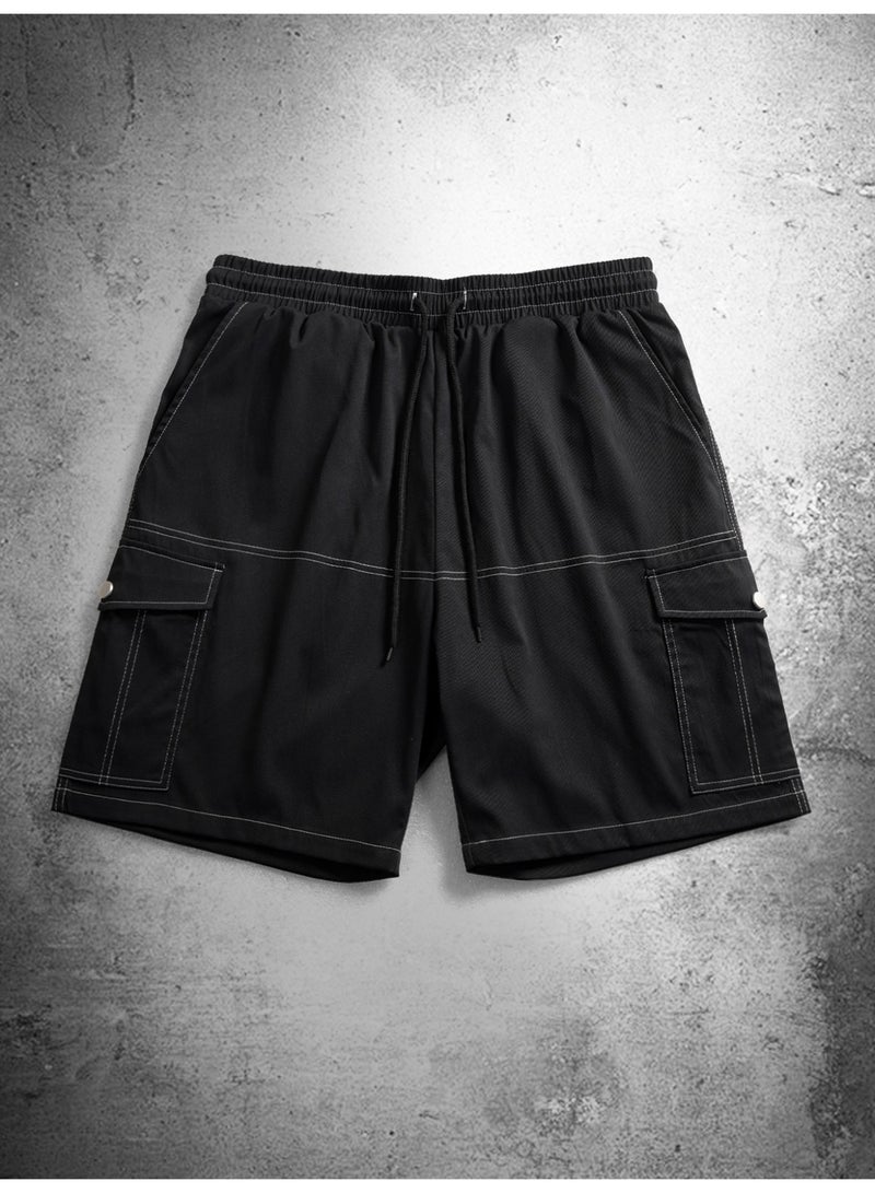 Men's Black Cargo Shorts Casual Utility Shorts with White Contrast Stitching Elastic Waist Multi-Pocket Design - Image 5