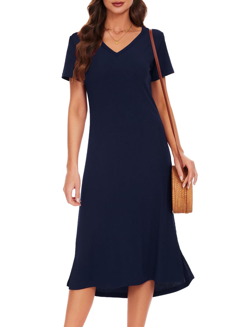 VOBCTY Summer Navy Tshirt Dress for Women Casual V Neck Short Sleeve Side Split Dresses Navy Large - Image 1
