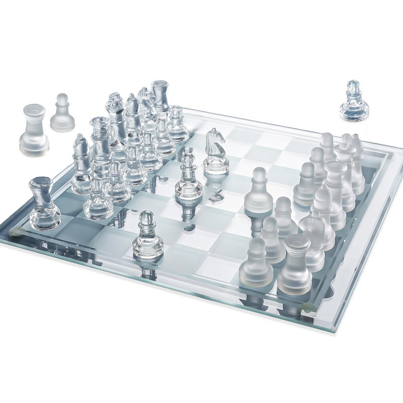 Gamie Premium Glass Chess Set, 10 Inch - Elegant Design - Durable Build - 32 Frosted and Clear Pieces - Felted Bottoms - Easy to Carry - Stable & Fully Functional for Chess Lovers - Image 1