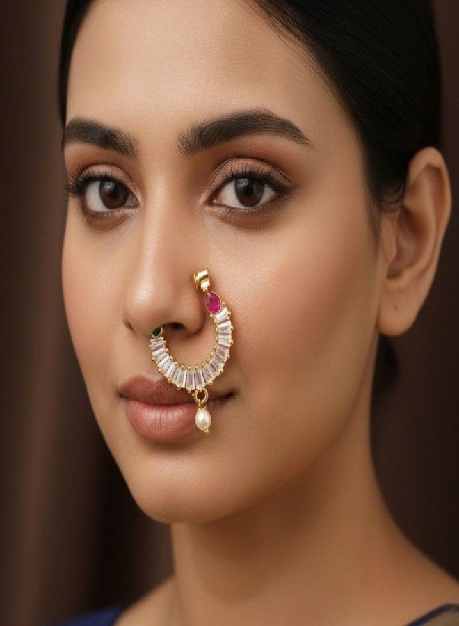 ZEELLO Gold Plated Drop CZ American Diamond Non-Piercing Screw Press Nose Ring For Women & Girls - Image 3