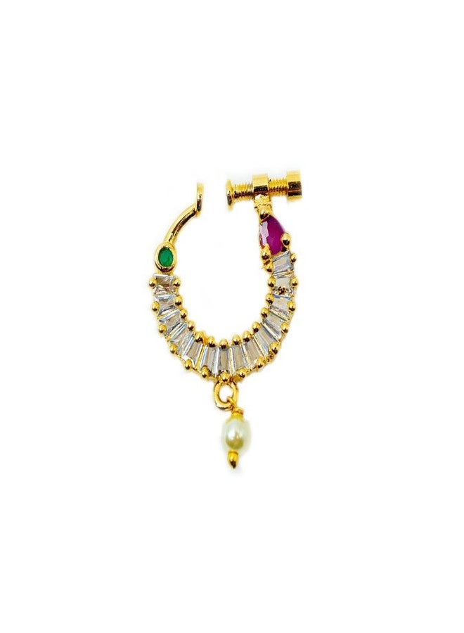 ZEELLO Gold Plated Drop CZ American Diamond Non-Piercing Screw Press Nose Ring For Women & Girls - Image 1