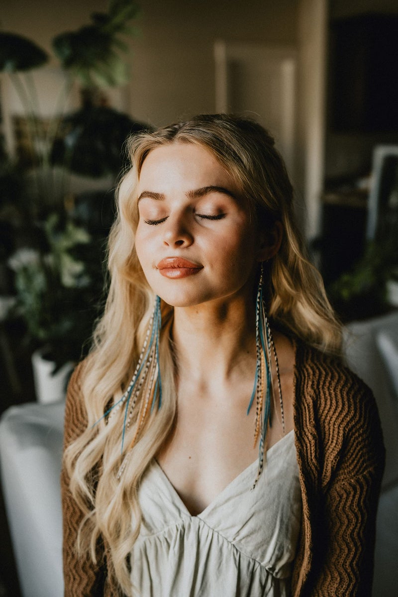 Feather Headz Bohemian handmade Natural & Turquoise long lightweight feather dangle earrings for women - Image 5