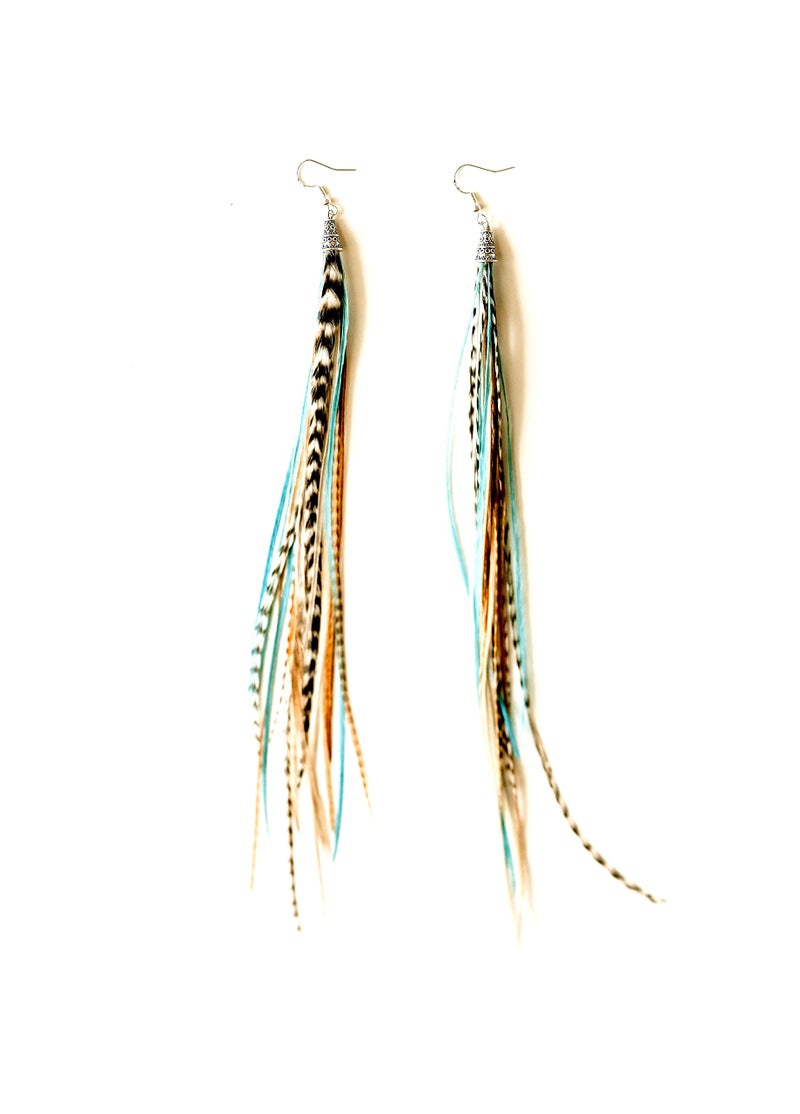 Feather Headz Bohemian handmade Natural & Turquoise long lightweight feather dangle earrings for women - Image 1