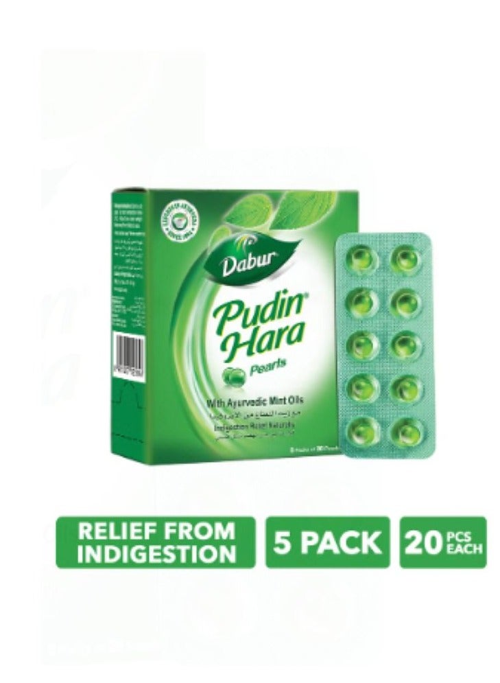 Dabur Pudin Hara Instant Cooling Relief From Indigestion Stomach Ache Gas And Acidity 20 Pearls Pack Of 5