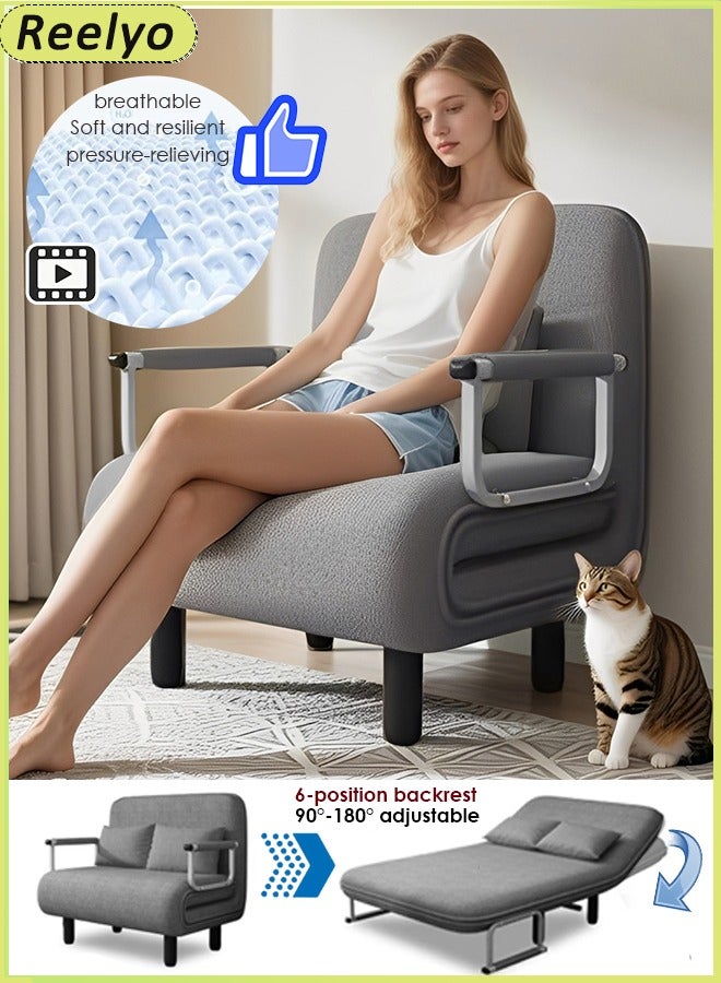 Reelyo Folding Sofa Bed, Convertible Sleeper Chair with Pillow Upholstered High Back Adjustable Lounge Chair With Padded Foldable Mattress with Back Support, Portable Fold Out Chair Bed Comfy Floor Sofa Lounge With Armrests Storage Bag Modern Lounger Accent Sofa Home Leisure Adjustable For Nursery, Living Room And Bedroom 300LBS Capacity GREY - Image 1