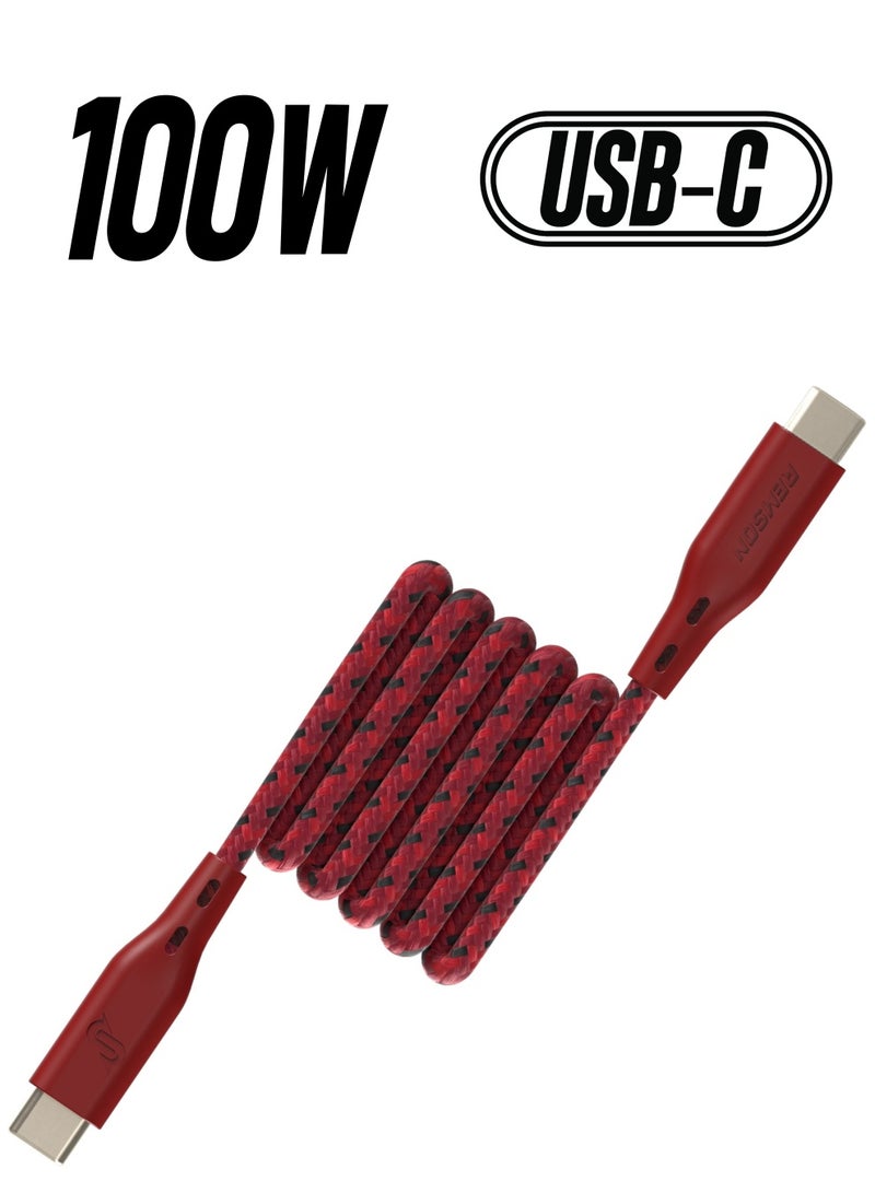 Remson كابل رمسون رابيد-لينك نايلون مضفر USB Type C للشحن السريع ومزامنة البيانات 2 متر أحمر - Image 1