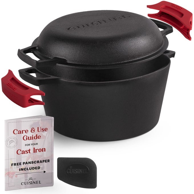 CAST IRON DUTCH OVEN 5QUART DEEP POT PRESEASONED 2IN1 MULTICOOKER COMBO LID DOUBLES AS 10INCH SKILLET FRYING PAN SILICONE HANDLE COVERS SCRAPER INDOOROUTDOOR BREAD COOKWARE