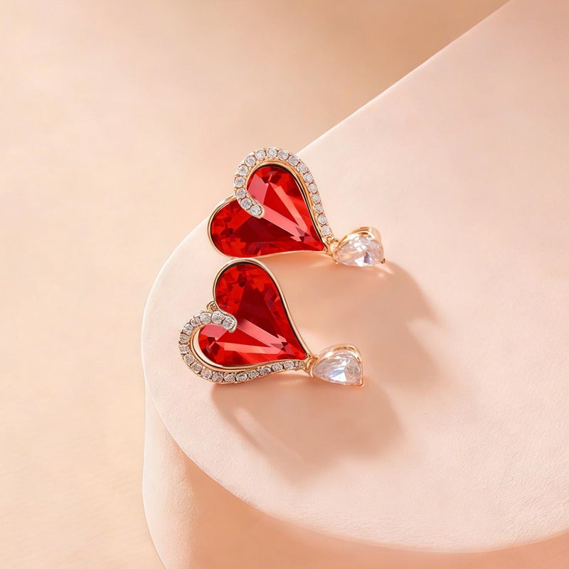 EVEVIC Austrian Crystal Heart Stud Earrings for Women Trendy Halo Earrings 14K Gold Plated Hypoallergenic Jewelry (Red) - Image 4