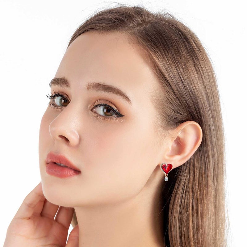 EVEVIC Austrian Crystal Heart Stud Earrings for Women Trendy Halo Earrings 14K Gold Plated Hypoallergenic Jewelry (Red) - Image 2