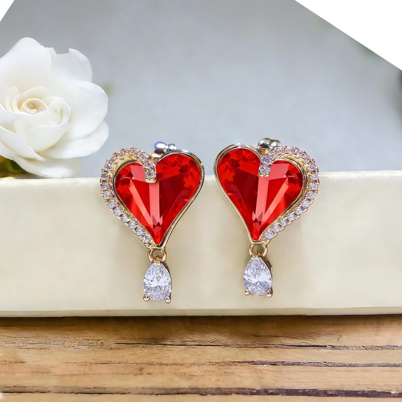 EVEVIC Austrian Crystal Heart Stud Earrings for Women Trendy Halo Earrings 14K Gold Plated Hypoallergenic Jewelry (Red) - Image 3