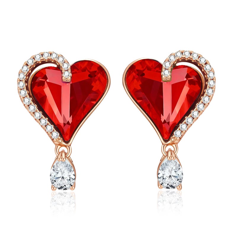EVEVIC Austrian Crystal Heart Stud Earrings for Women Trendy Halo Earrings 14K Gold Plated Hypoallergenic Jewelry (Red) - Image 1