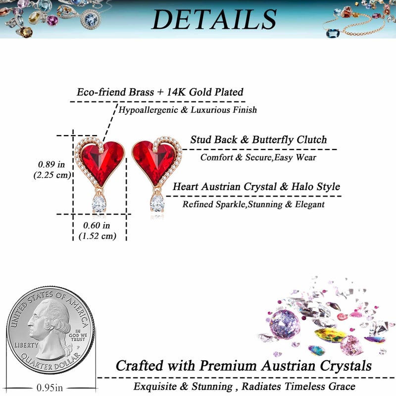 EVEVIC Austrian Crystal Heart Stud Earrings for Women Trendy Halo Earrings 14K Gold Plated Hypoallergenic Jewelry (Red) - Image 5
