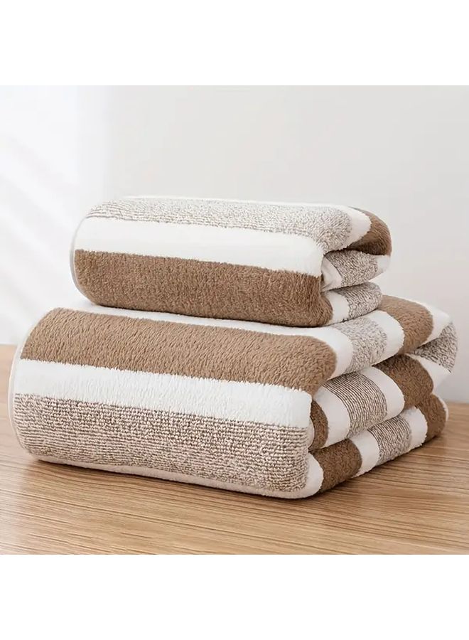 Brown Striped Ultra Absorbent Coral Flush Quick Dry Hand Towel And Bath Towel Set Soft Plush Plush For Home Rv Spa Bathroom - Image 1