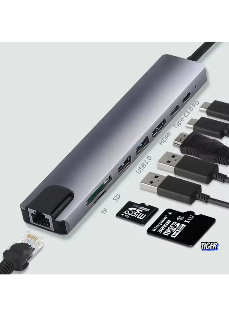 TIGER Title: USB C Hub 8-in-1, Type C Multiport Adapter with 4K HDMI, Power Delivery, USB-C, Ethernet, 2 USB Ports, SD/TF Card Reader – Expand Your Device’s Connectivity  - Image 1