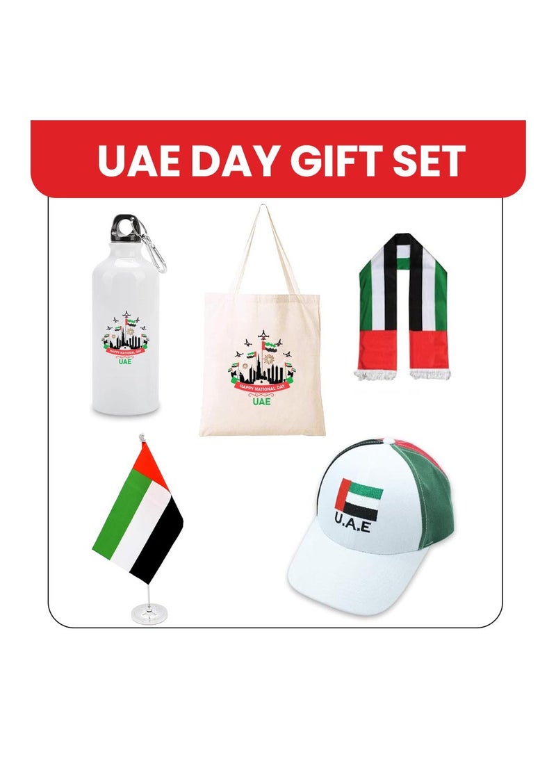 UAE Celebration Day Pack Of 5 Combo Gift Set-Includes Cotton Bag,Scarf,Table Flag,Water Flask Bottle,Stylish Cap-Perfect For UAE Celebration Day - Image 2