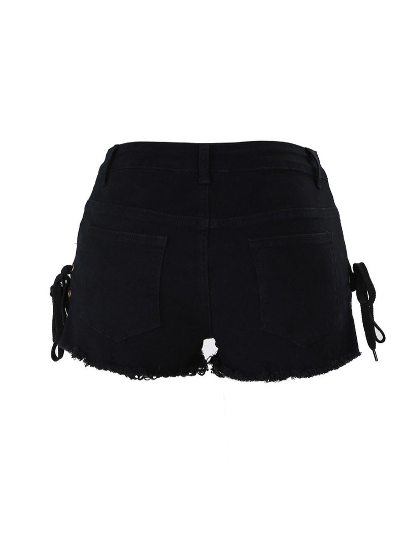 Loquat Mid-rise Split Bandage With Ripped Tassels For Women's Denim Shorts  - Image 2