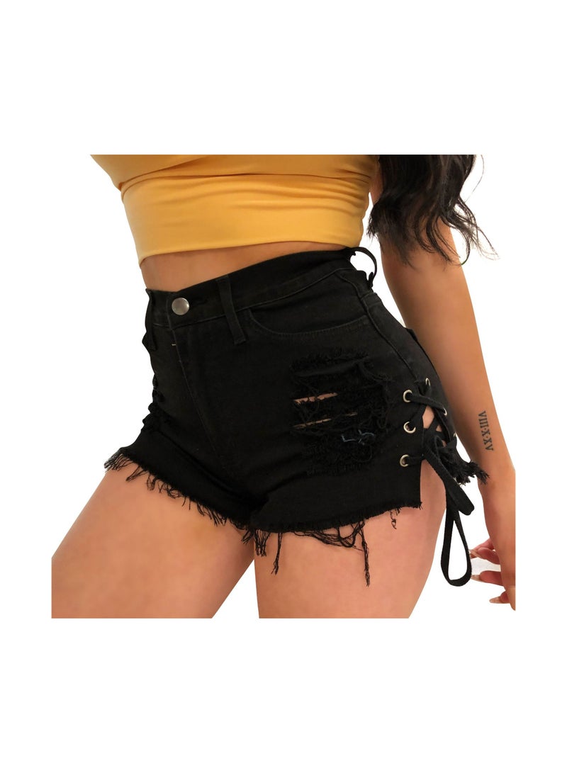 Loquat Mid-rise Split Bandage With Ripped Tassels For Women's Denim Shorts  - Image 1