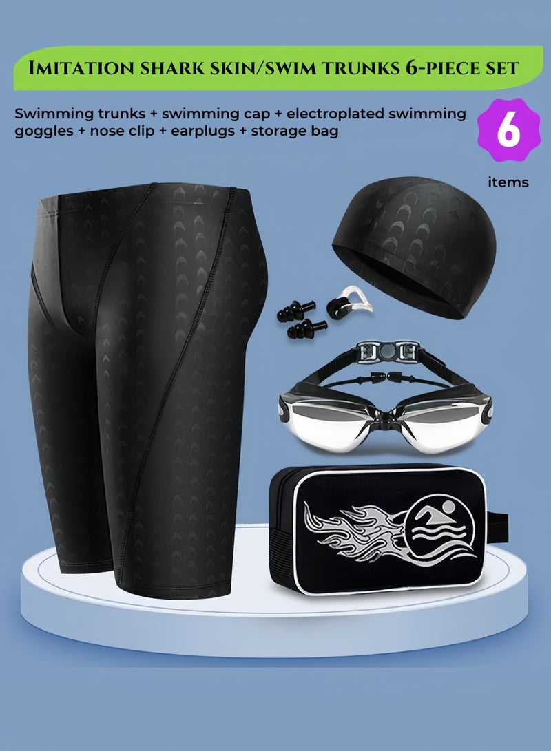 nihao High-Performance 3 XL Shark Skin Swimwear 6-Piece Set - Swim Trunks, Swim Cap, Anti-Fog Mirrored Goggles, Nose Clip & Earplugs, Waterproof Carry Bag for Men  - Professional Training & Competition - Image 1
