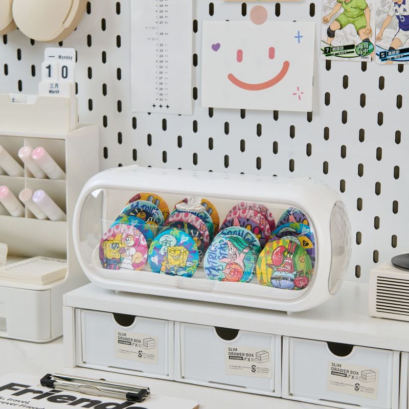 Badge Display Organizer Cream White Acrylic 360 Degree Transparent View Storage Box - Enhanced Dustproof Design Customizable Compartments for Desktop Accessory Display - Image 3