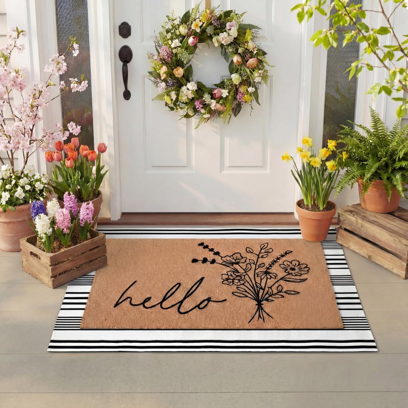 Tinideya 2 Pcs Door Mat Welcome Non Slip Coir Mats Floor Layering Doormats Seasonal for Front Porch Entryway Decor(Wildflower) - Image 2