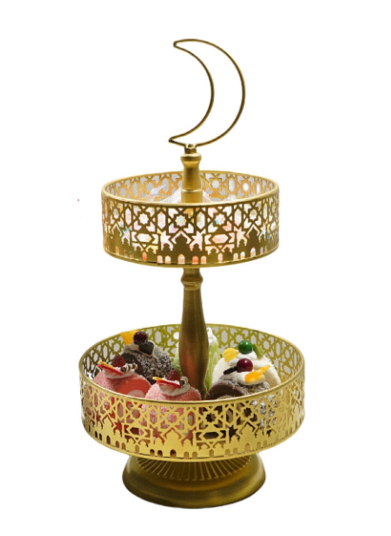 Jorunb - Ramadan Serving Trays - 2 Tiered Metal Platters Eid Mubarak Islam Muslim Al-Fitr Iftar Party Food Serving Tray Ramadan Decoration for Home Breakfast Dinner Table Decor (Gold Castle) - Image 1