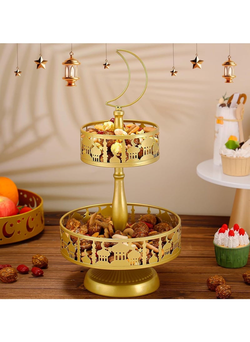 Jorunb - Ramadan Serving Trays - 2 Tiered Metal Platters Eid Mubarak Islam Muslim Al-Fitr Iftar Party Food Serving Tray Ramadan Decoration for Home Breakfast Dinner Table Decor (Gold Castle) - Image 1