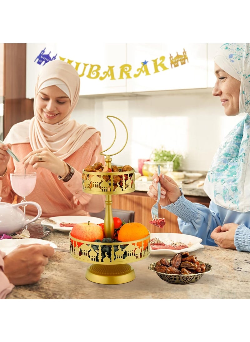 Jorunb - Ramadan Serving Trays - 2 Tiered Metal Platters Eid Mubarak Islam Muslim Al-Fitr Iftar Party Food Serving Tray Ramadan Decoration for Home Breakfast Dinner Table Decor (Gold Castle) - Image 1