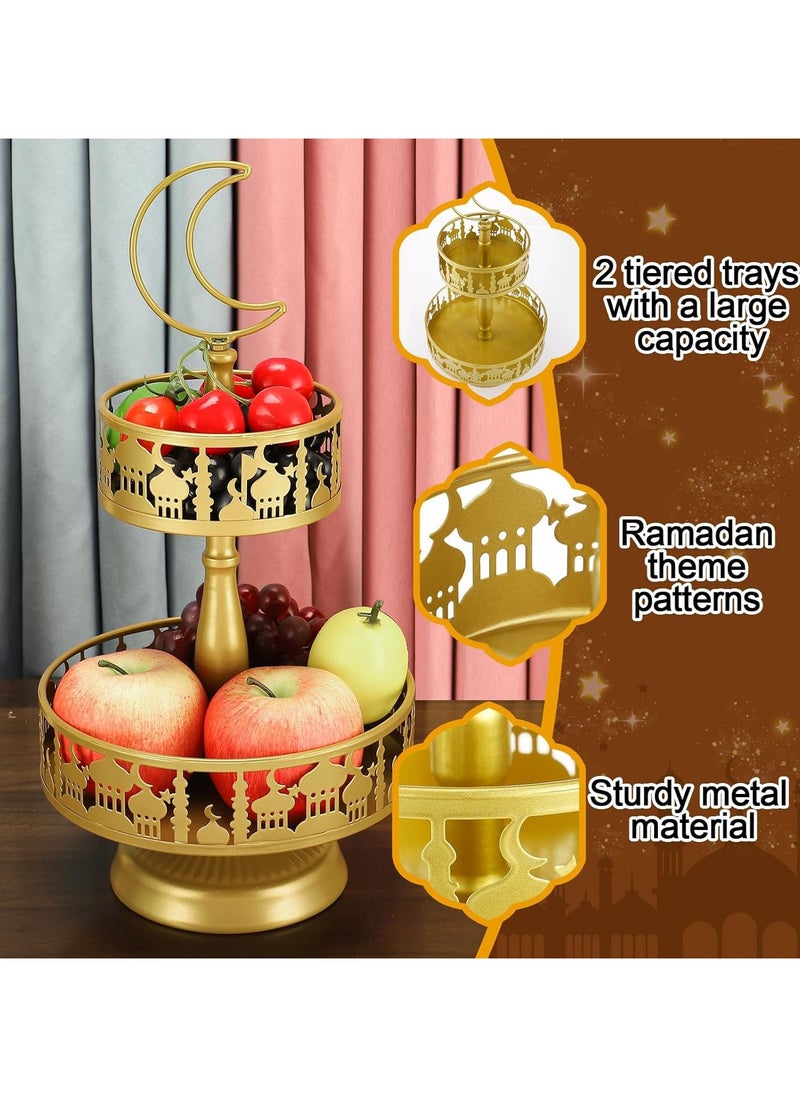 Jorunb - Ramadan Serving Trays - 2 Tiered Metal Platters Eid Mubarak Islam Muslim Al-Fitr Iftar Party Food Serving Tray Ramadan Decoration for Home Breakfast Dinner Table Decor (Gold Castle) - Image 1