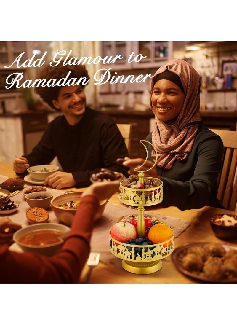 Jorunb - Ramadan Serving Trays - 2 Tiered Metal Platters Eid Mubarak Islam Muslim Al-Fitr Iftar Party Food Serving Tray Ramadan Decoration for Home Breakfast Dinner Table Decor (Gold Castle) - Image 1