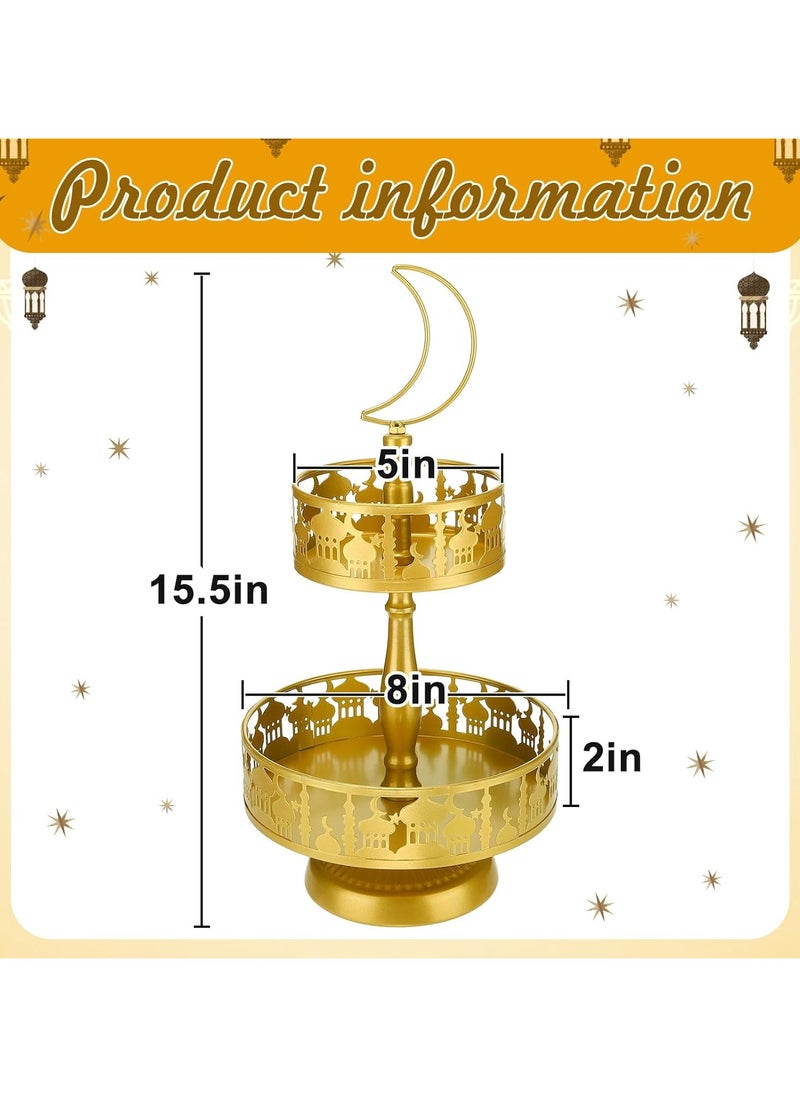 Jorunb - Ramadan Serving Trays - 2 Tiered Metal Platters Eid Mubarak Islam Muslim Al-Fitr Iftar Party Food Serving Tray Ramadan Decoration for Home Breakfast Dinner Table Decor (Gold Castle) - Image 1