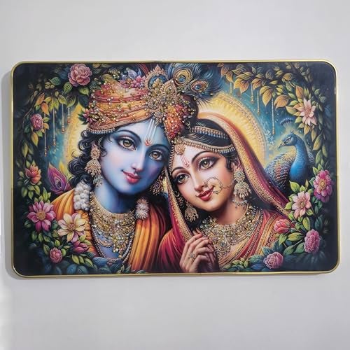 Masstone Radha Krishna Crystal Embedded High Gloss Wall Painting, Golden Slim Frame, 45x30 Cm Wall Art for Living Room, Bedroom, Office & Home Décor (CRG57) - Image 1