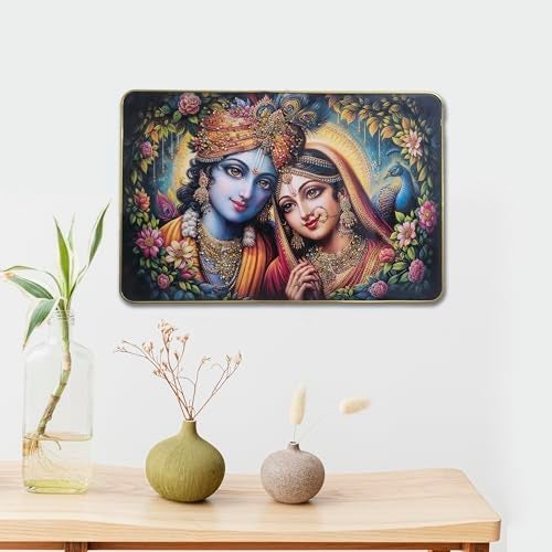 Masstone Radha Krishna Crystal Embedded High Gloss Wall Painting, Golden Slim Frame, 45x30 Cm Wall Art for Living Room, Bedroom, Office & Home Décor (CRG57) - Image 3