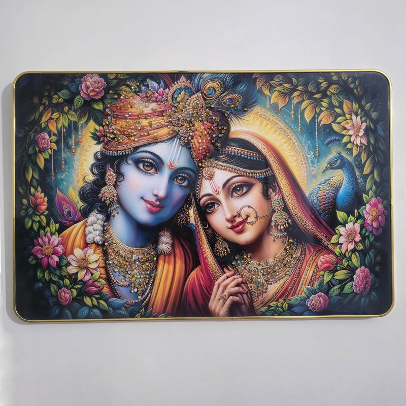 Masstone Radha Krishna Crystal Embedded High Gloss Wall Painting, Golden Slim Frame, 45x30 Cm Wall Art for Living Room, Bedroom, Office & Home Décor (CRG57) - Image 5