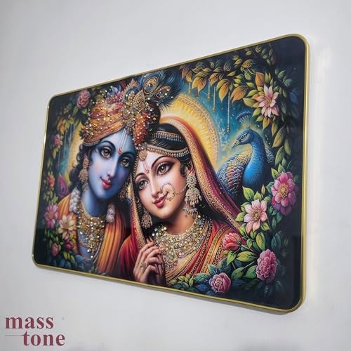Masstone Radha Krishna Crystal Embedded High Gloss Wall Painting, Golden Slim Frame, 45x30 Cm Wall Art for Living Room, Bedroom, Office & Home Décor (CRG57) - Image 4