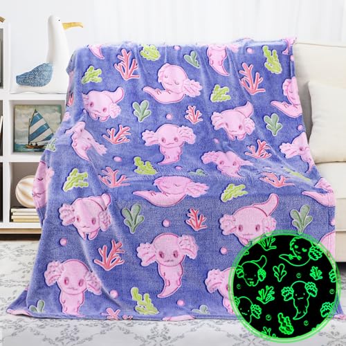 KIVEE Glow in The Dark Blanket Axolotl Gifts Toys for Girls Cute Axolotl Blanket for Birthday Gifts - Image 1
