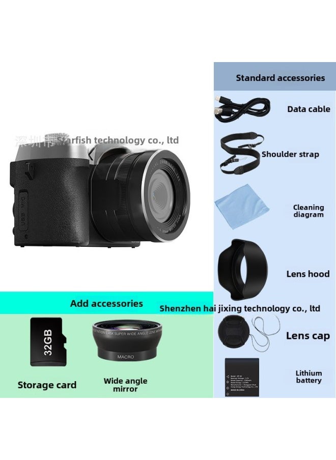 Generic Micro Single Student Travel HD Camera Portable Self-timer Dual Camera 84 Million Pixels 6K Video Beauty Filter-Body Color:Black+32g Memory Card+wide-angle Lens  - Image 1