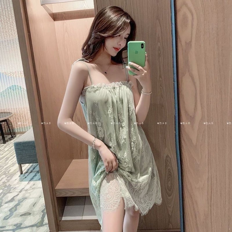 Lace Sleep Dress Thin Plus Size Summer Green [nightgown + T pants]]