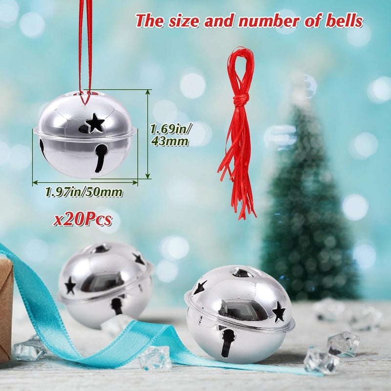 PECMER 2 Inch Craft Bells-20 Pcs Large Silver Jingle Bells Bulk and Red Ribbon for Christmas Party Festival Decoration and Wedding Ornament - Image 2
