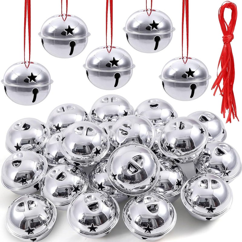 PECMER 2 Inch Craft Bells-20 Pcs Large Silver Jingle Bells Bulk and Red Ribbon for Christmas Party Festival Decoration and Wedding Ornament - Image 1