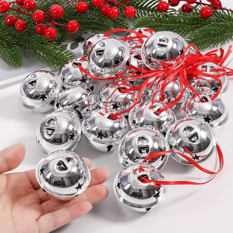 PECMER 2 Inch Craft Bells-20 Pcs Large Silver Jingle Bells Bulk and Red Ribbon for Christmas Party Festival Decoration and Wedding Ornament - Image 3