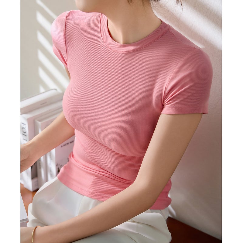 260g High-Elastic Ribbed Cotton T-Shirt for Women, Summer Short-Sleeve, 2025 New Model, Cross-Border Trade, Solid Color, Versatile, Plus-Size Women's Fashion - Image 5