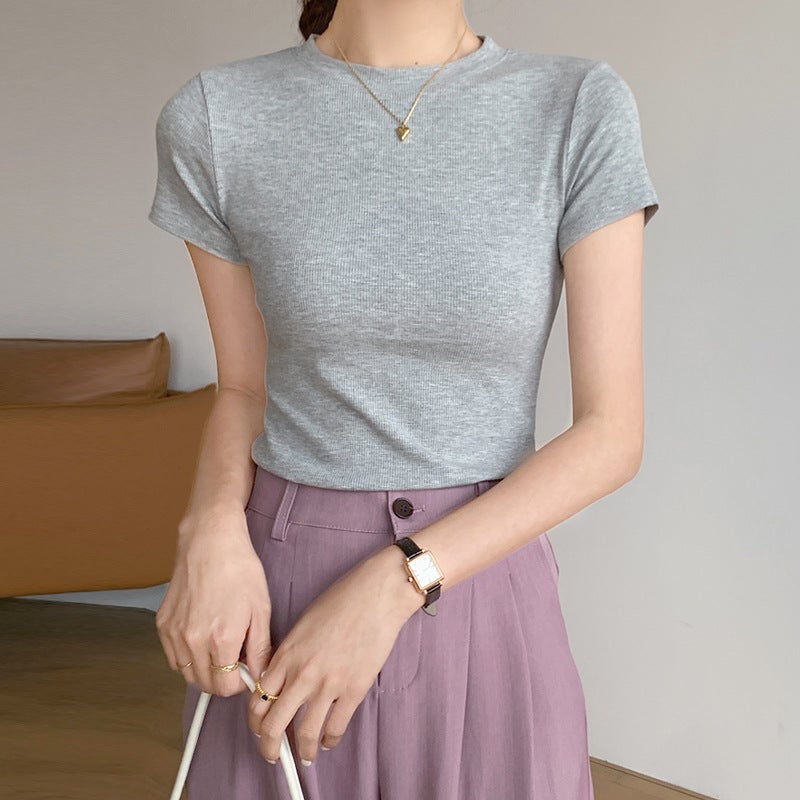 260g High-Elastic Ribbed Cotton T-Shirt for Women, Summer Short-Sleeve, 2025 New Model, Cross-Border Trade, Solid Color, Versatile, Plus-Size Women's Fashion - Image 1