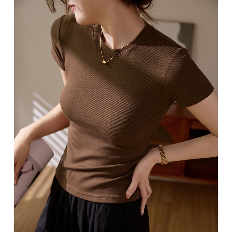 260g High-Elastic Ribbed Cotton T-Shirt for Women, Summer Short-Sleeve, 2025 New Model, Cross-Border Trade, Solid Color, Versatile, Plus-Size Women's Fashion - Image 3