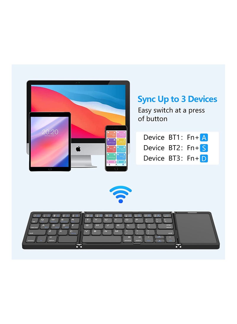 Upgrade Foldable Bluetooth Keyboard, Tri- Foldable Portable Wireless Keyboard with Touchpad, USB-C Rechargeable for iOS, Android, Windows System Laptop Tablet Smartphone Device (Black) - Image 4